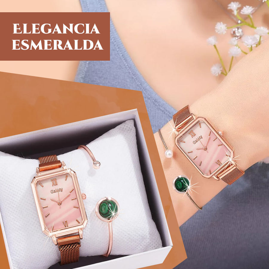 🔥PRODUCTO EXCLUSIVO | Reloj de lujo y pulsera de esmeraldas para elegancia 💚